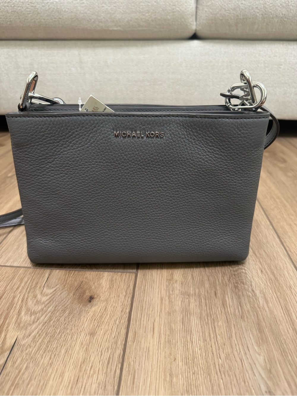 Michael Kors Gray Pebbled Leather Crossbody with Silver Hardware